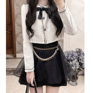 Conjunto de punto de alta calidad para mujer, cárdigan de manga larga a la moda con lazo, Vestido corto acampanado, conjunto de punto elegante de dos piezas para mujer - Product Image 1