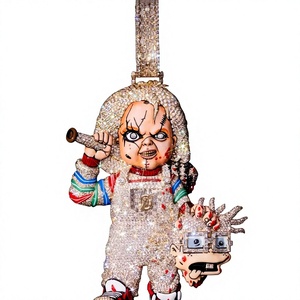 Pendentif Chucky avec cristaux en strass micro-pavés, charme punk en argent 925, cadeau unisexe - Product Image 1