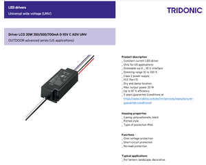 Tridonics 28002255 700MA 0-10V IP67 Salida a prueba de agua 14-28V Fuente de alimentación de luz LED 20W - Product Image 2