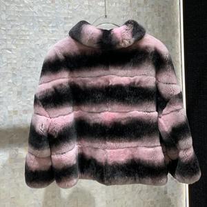 Cappotto Corto in Vera <span class=keywords><strong>Pelliccia</strong></span> di Coniglio Rex per Donne, Sfumato Rosa e Nero a Righe, <span class=keywords><strong>Pelliccia</strong></span> Naturale Autentica - Product Image 3