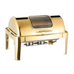 Buffect Catering - Recipientes para Calentar Comida Rectangulares Dorados de Acero Inoxidable de 9L con Tapa Enrollable y Cubierta de Vidrio - Product Image 3