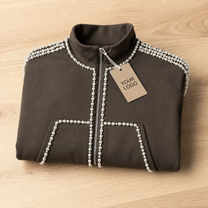 Sweat à capuche zippé marron de haute qualité pour homme, orné de perles et de pierres, col roulé, style streetwear décontracté, 100 % coton - Product Image 5
