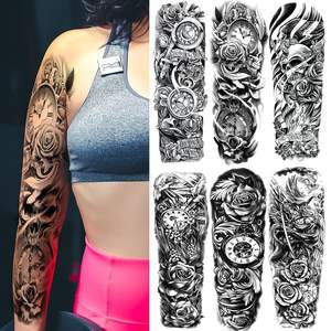 Tatuajes Temporales de Manga con Diseño de Flor Grande, Resistentes al Agua, Rosa Negra y <span class=keywords><strong>Calavera</strong></span>, Realistas, para Hombres - Product Image 2