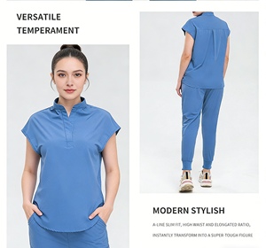 Tenue médicale à col mandarin personnalisable avec LOGO – Ensemble 2 pièces pour professionnels de la santé (femmes et hommes) – Sehe Fashion - Product Image 3