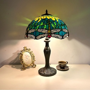 LongHuiJing Tiffany Lamps Stained Glass Lamp Green Dragonfly Style Crystal Bead Handcrafted Dome Lampshade AC E26 for Home Decor - Product Image 1