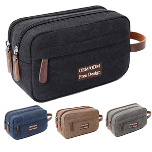 Sac de voyage vintage personnalisé pour homme en toile et cuir imperméable, organiseur de cosmétiques et de maquillage, trousse de toilette de rasage, grand format double - Product Image 1