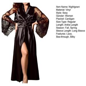 2024 Women Fashion Robe Set Long Lace Sleeve Belted <strong>Maxi</strong> <strong>Nightdress</strong> +Thongs Set Lady Satin Sleepwear Sexy Lingerie Bathrobe - Product Image 4