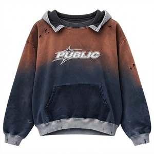 เสื้อฮู้ดดี้ครอปผู้ชายทรงโอเวอร์ไซส์ผ้าคอตตอนหนานุ่มสไตล์สตรีทแวร์สำหรับฤดูใบไม้ร่วง  ตกแต่งด้วยงานปักแบบแอพพลิเค่ตามสั่ง (OEM)  ย้อมสีแบบดิปได  ลุคดิสเทรส - Product Image 1