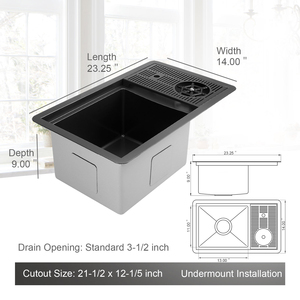 Évier de cuisine simple fait main à installation sous plan, noir canon de fusil, avec rince-verre et panier de vidange, design contemporain - Product Image 3