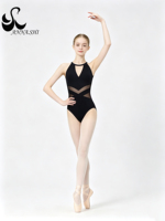 Maillot de Ballet Negro con Espalda Descubierta y Detalles en Malla de Anna Shi para Mujer, Traje de Gimnasia Profesional para Entrenamiento