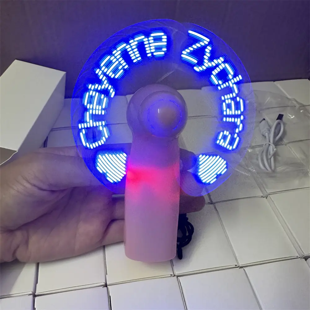 Мини-розовый ручной светодиодный вентилятор с индивидуальным сообщением, светодиодный мигающий мини-вентилятор со светодиодным сообщением, перезаряжаемый