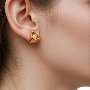 ต่างหูสแตนเลสทรงเรขาคณิตประดับด้วยไรน์สโตนและไข่มุกสำหรับผู้หญิงสวมใส่ทุกวัน - Product Image 2