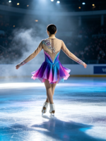Robe de patinage artistique dégradé violet, bleu et rose, manches longues, dos en maille, jupe ornée de strass pour compétition et performance adultes et enfants
