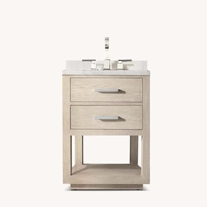 Meuble-lavabo de salle de bain moderne de luxe à vasque unique, avec comptoir en marbre <span class=keywords><strong>blanc</strong></span>, rangement en bois clair et robinetterie chromée, idéal pour hôtels et appartements - Product Image 2