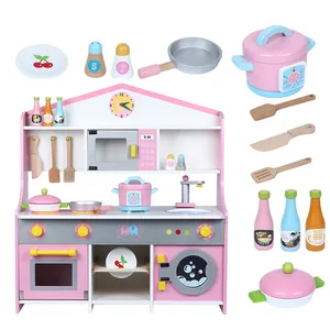 ふり遊び木製キッチンおもちゃ卸売ピンクキッズビッグキッチンセットおもちゃ