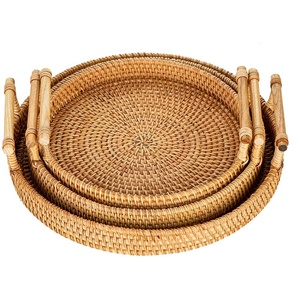 Round Large Wooden Serving Rattan Tray with Handles for Breakfast and Drinks