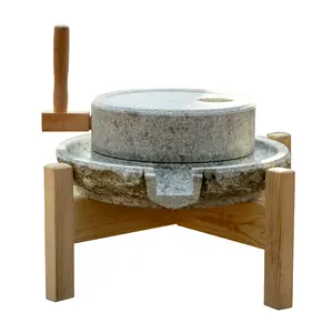 Dia40-Molino de piedra de granito con soporte de madera, molino manual de harina gris, especias, grano, arroz, venta al por mayor