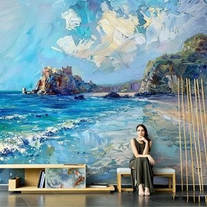 Mural de pared con impresión por transferencia térmica Impasto, estilo Art Déco, paisaje costero, playa, acantilado, <span class=keywords><strong>castillo</strong></span>, papel tapiz personalizado, tela de pared para sala de estar - Product Image 2