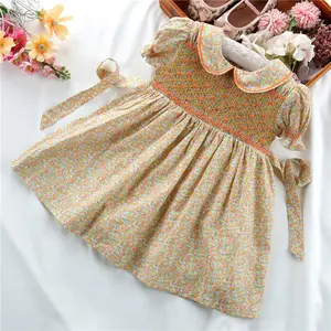 Vestidos de verano para niñas, ropa de bebé lisa, amarilla, algodón, vintage, venta al por mayor, C1100