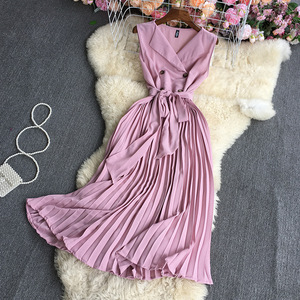 Tunique Slip Robe Femmes Couleur Unie Blazer Col Sans Manches Robe Taille Haute Plissée Casual Dress - Product Image 6