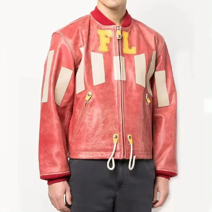 Streetwear yama nakış Logo uçuş bombacı ceket erkek kaburga yaka Zip Up boy su geçirmez PU deri kargo ceket