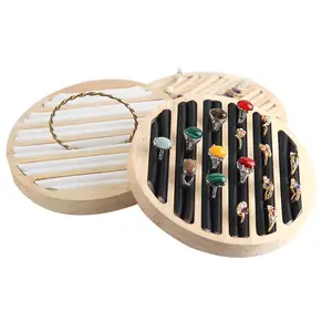 Leer Fluweel Hout Ronde Sieraden Ringen Stud Oorbellen Display Organizer Houder