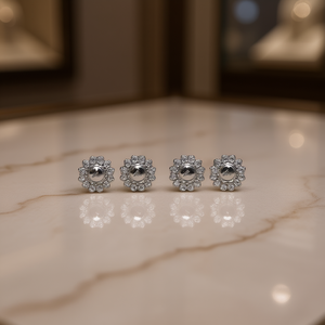 Boucles d'oreilles clous fleur en or blanc E789, serties de cristaux et strass, classiques, unisexes, bijoux fins - Product Image 2