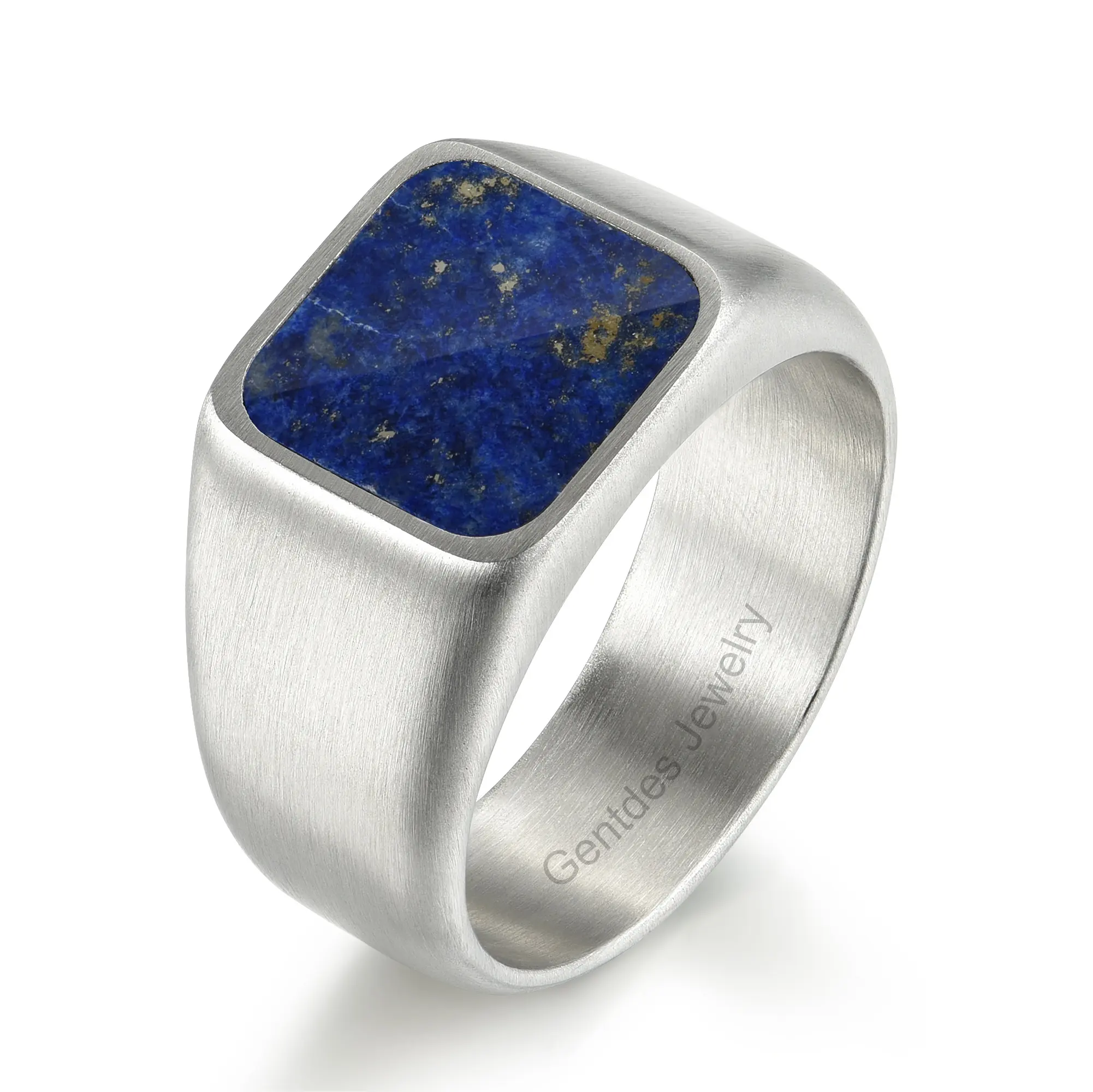 Bijoux pour hommes Bague en titane d'acier inoxydable finition brossée personnalisée incrustation de pierre naturelle carrée Lapis Chevalière pour hommes