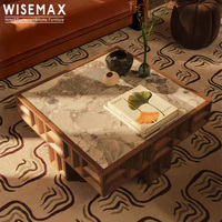 WISEMAX FURNITURE Meubles de style antique, table basse carrée en marbre naturel, table à thé vintage en bois massif pour salon