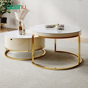 670106B Quanu, venta al por mayor de muebles para el hogar, mesa de centro de metal dorado alta y corta de lujo, mesa de centro redonda nórdica para sala de estar