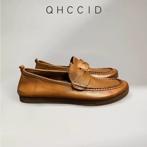 QHCCID Mocassins en cuir de cheval pour hommes, marron, à talon plat, à enfiler, chaussures de conduite décontractées, semelle souple, couleur unie, style jeune - Product Image 4