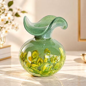 Jarrón de Vidrio Artístico <span class=keywords><strong>Verde</strong></span> Espuma de Mar con Boca Esculpida para Flores Frescas y Decoración de Estantes - Product Image 4