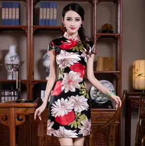 Ngắn qipao phong cách retro hoa thêu Ngắn Tay Áo lụa truyền thống ngắn turnbuckle qipao Trung Quốc sườn xám Đầm