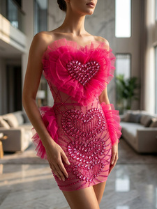 Vestido Sexy Rosa Intenso con Pedrería en Forma de Corazón, Mini Vestido de Lentejuelas sin Tirantes para Drag Queen, Showgirl, Carnaval, Discoteca, Fiesta Rave - Product Image 4