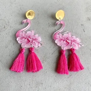 2023 Spring Summer Fringe Tassel Earring Girl Jewelry Green Palm Tree Plant Animal Long Acrylic Flamingo Earrings