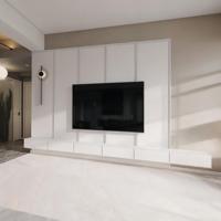 Meuble TV flottant avec éclairage LED, minimaliste, en MDF blanc, pour bureau à domicile, laqué, style transitionnel