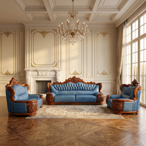 Muebles para el Hogar, Sofá de Salón, Juego de Sofás de Cuero para Sala de Estar, Estilo Clásico, Sofá Seccional de Madera de Ébano - Product Image 1