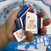 Jeu de Mahjong Américain Thème Cowboy Western Adorable, Tuiles en Acrylique Triple Couche Rouge Bleu Blanc avec Motifs Cactus et Fer à Cheval