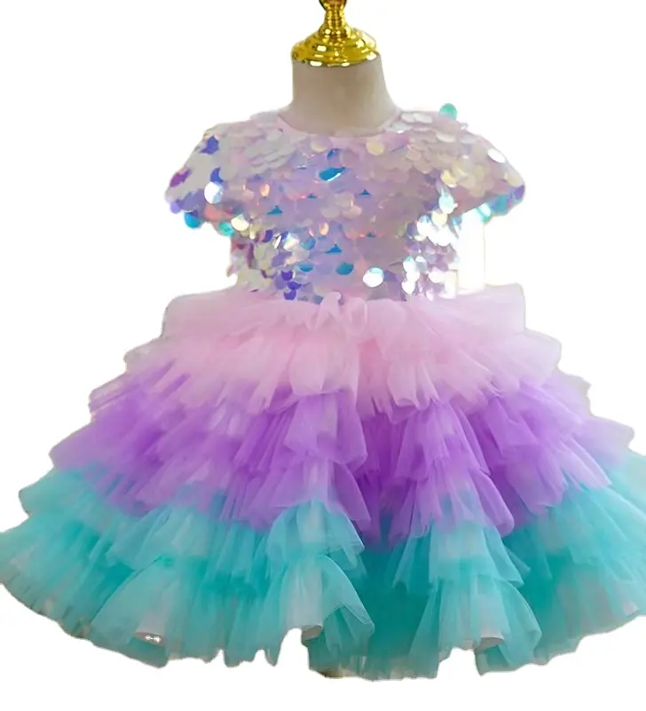 Girls' Dress Sequin Layered Tutu Birthday Puffy Ball Gown Princess Wear Flower Dress