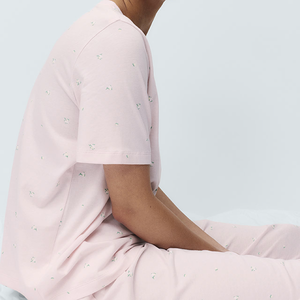 Women's Pink Cherry Print Short Sleeve Pajama Set Cute Soft Cotton Elastic Waist Sleepwear for Women Round Neck <strong>Pyjama</strong> - Product Image 3