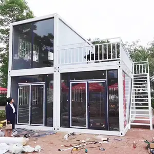 Container House 20ft Modular Prefabricated Container House 2 Storey Flat Pack Assemble House Glass Wall Custom Office Villa