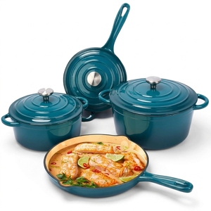Ensemble de casseroles en fonte émaillée 4 pièces avec 3 couvercles, casseroles et poêles robustes et saines, antiadhésives, compatibles four - Product Image 1