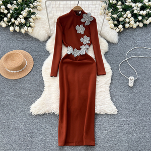 تونيك أنيق ضيق عارضة ميدي فستان للنساء طويلة الأكمام إمباير 3D الماس الدانتيل Vestidos أحمر أسود