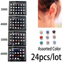Lot de 24 Pièces Boucles d'Oreilles Magnétiques Rondes en Strass Cristal, 3/4/5/6mm, Faux Piercing Magnétique pour Femme et Homme, Bijoux de Corps