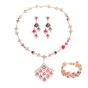 Purple Red Evening Chain Luxury Party Necklace Multi Color Earrings Manufacturing Women Jewelry Set 2023 Triangle Fan-Shaped