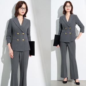 Women's Professional Suit Set Gray Double Breasted Office Lady Autumn Anti-Wrinkle Polyester Three Quarter Sleeve - Product Image 1