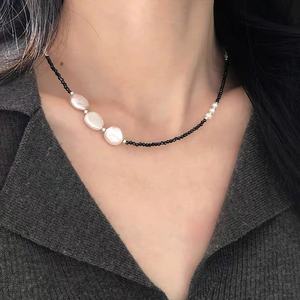 Collier en argent 925 de forme baroque, chaîne de clavicule, cristal noir pointu, lettres en argent brisé, collier de perles naturel tendance - Product Image 4