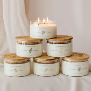 LANJO Wholesale Private Label White Transparent 12oz 14oz <b>Large</b> Glass Jar 3 Wick 100% Soy Wax Scented <b>Candle</b> with Wooden Lids - Product Image 2