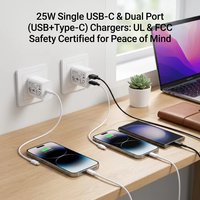 Adaptateur de chargeur de téléphone portable certifié UL/CUL/FCC, PD 25W Type-C+USB-C, charge rapide, technologie GaN, protection OVP / spécifications américaines FCC