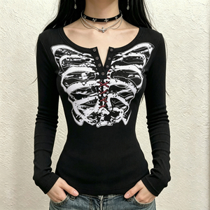 T-shirt gothique pour femme, col en V, manches longues, boutons sur le devant, motif squelette et tibias, tricot côtelé, pour Halloween et l'automne - Product Image 3